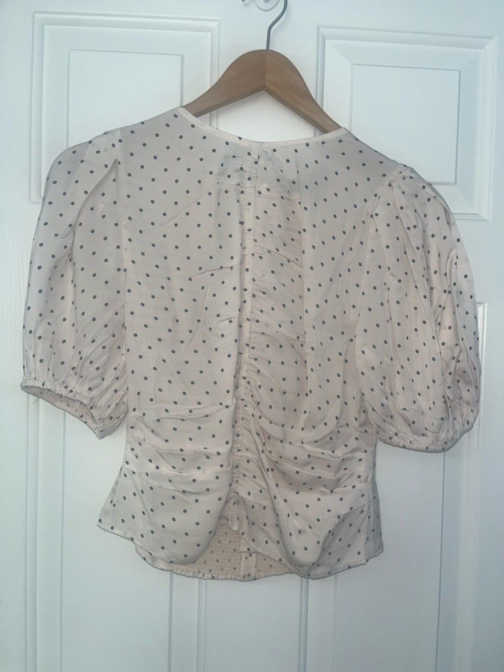 J. Crew light Pink Blouse with Black Polka Dots and Puff Sleeves